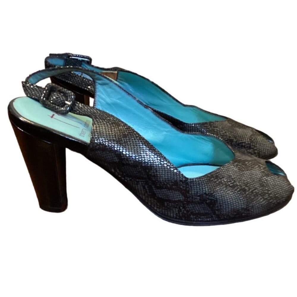 Thierry Rabotin Black Stamped Suede Snakeskin Slingback Peep toe Heels 38.5 8.5